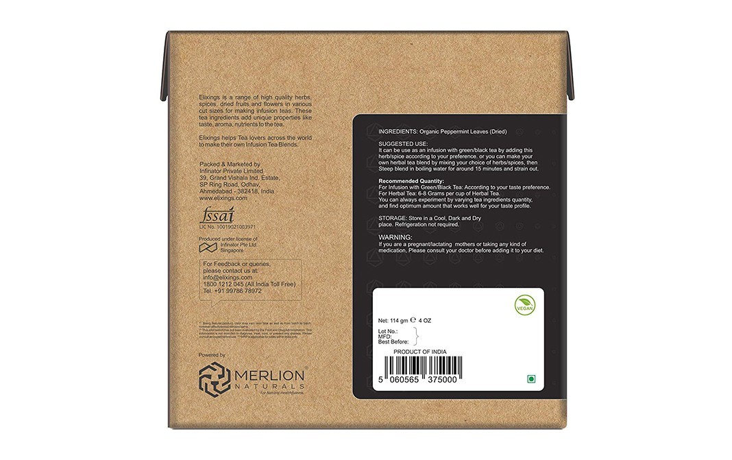 Elixings Organic Peppermint Mentha Piperita Loose Leaf Cut   Box  114 grams